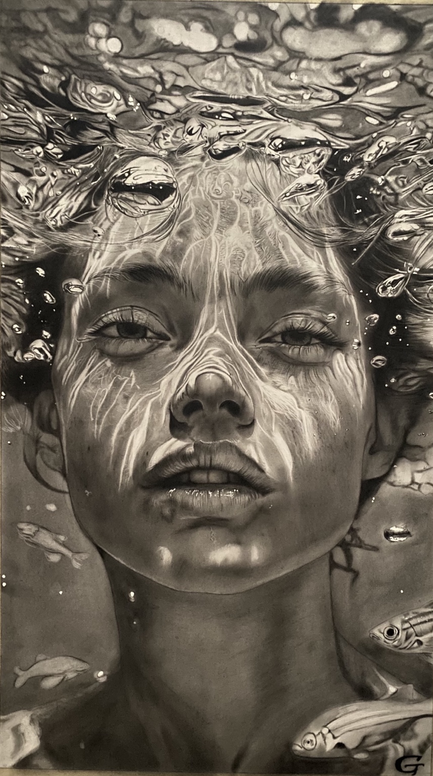 Submerged, original hyperrealistic charcoal and graphite drawing